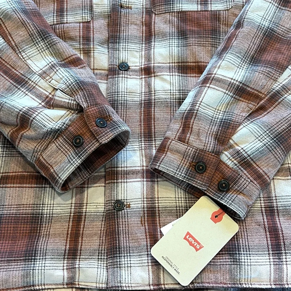 Levi's® Sherpa Lined Brown Ombre Plaid Shirt Jacket Jersey Hoodie Men’s L NEW - Picture 8 of 16